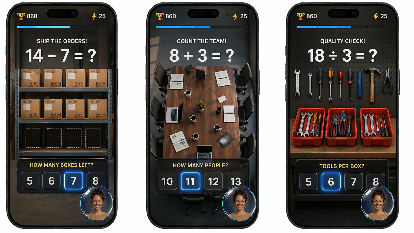Three phone screens showing the Numeracy Game module: workplace scenarios with equations and answer tiles.